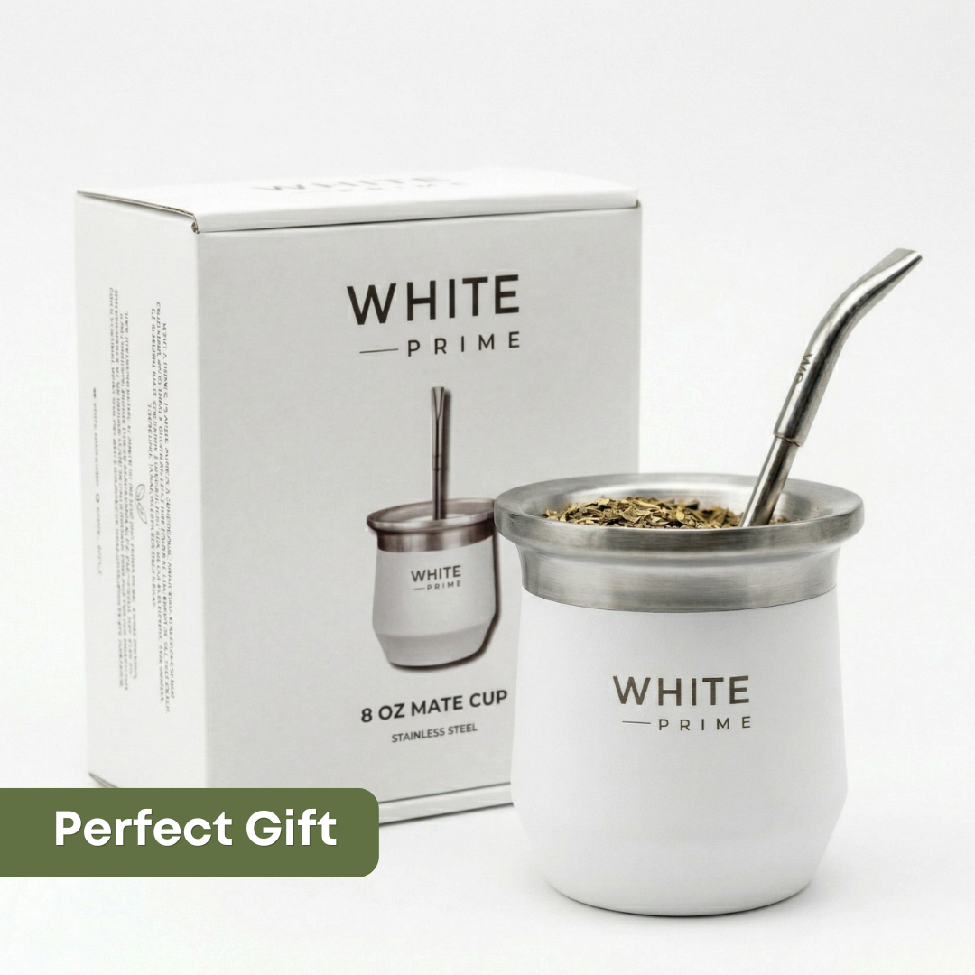 WHITE Prime stainless steel yerba mate cup presented as a gift set