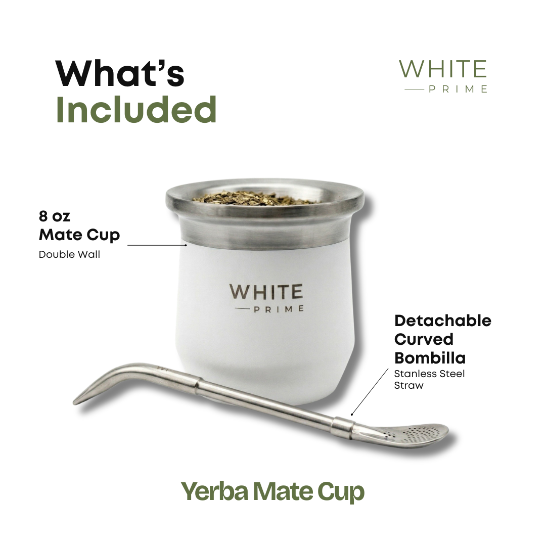 Diagram showing what is included with the WHITE Prime 8 oz yerba mate cup
