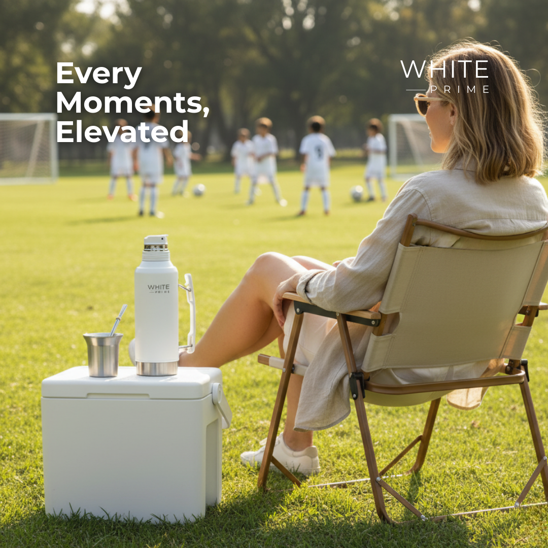 Outdoor lifestyle scene with WHITE Prime yerba mate products