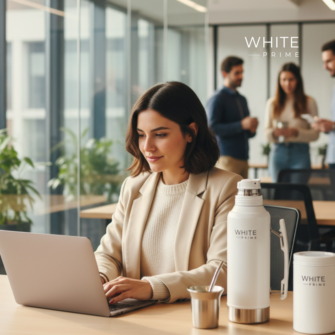 Woman working with WHITE Prime yerba mate thermos and mate cup on a desk