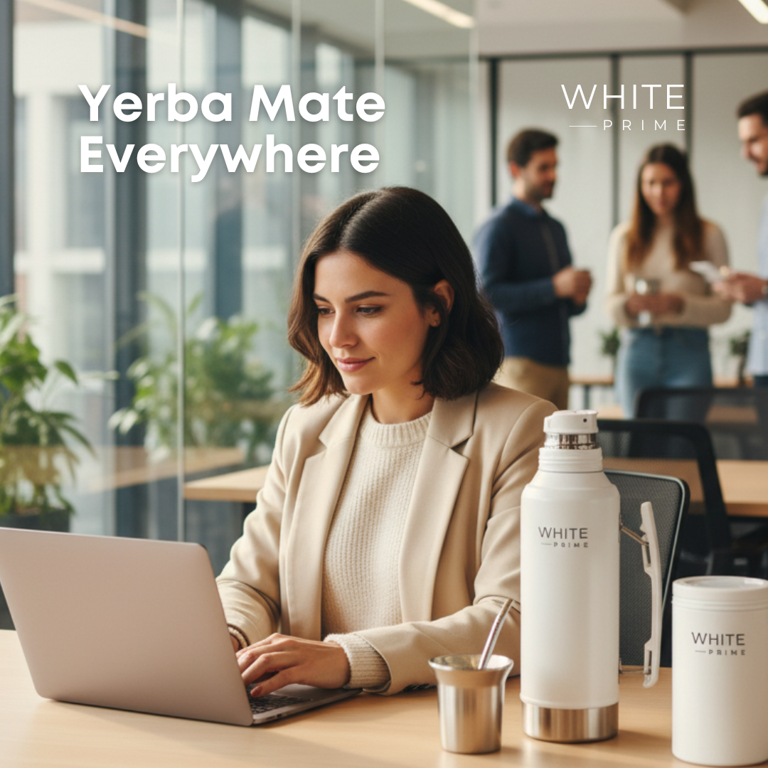 Woman working with WHITE Prime yerba mate thermos and mate cup on a desk