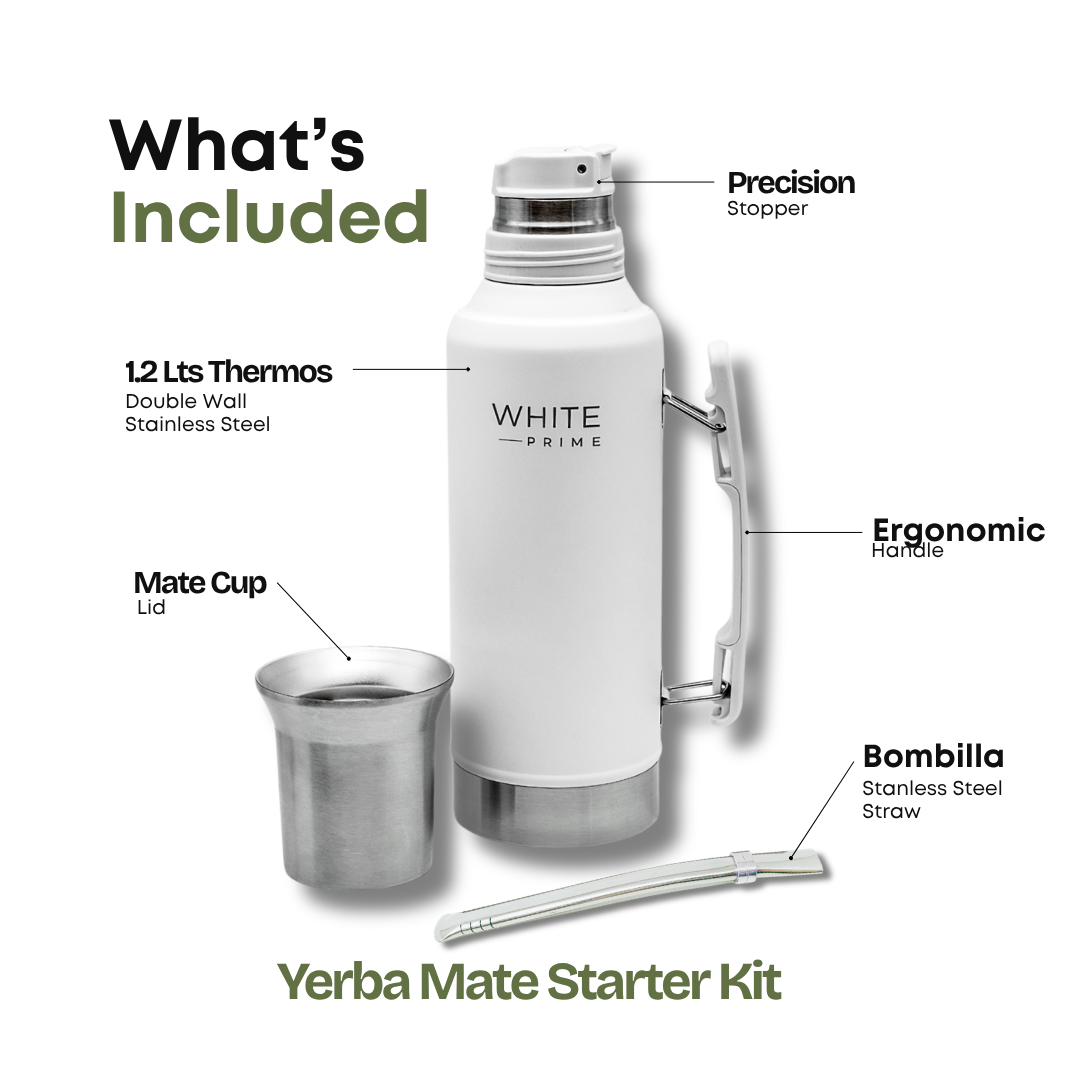 Diagram showing everything included in the WHITE Prime yerba mate starter kit