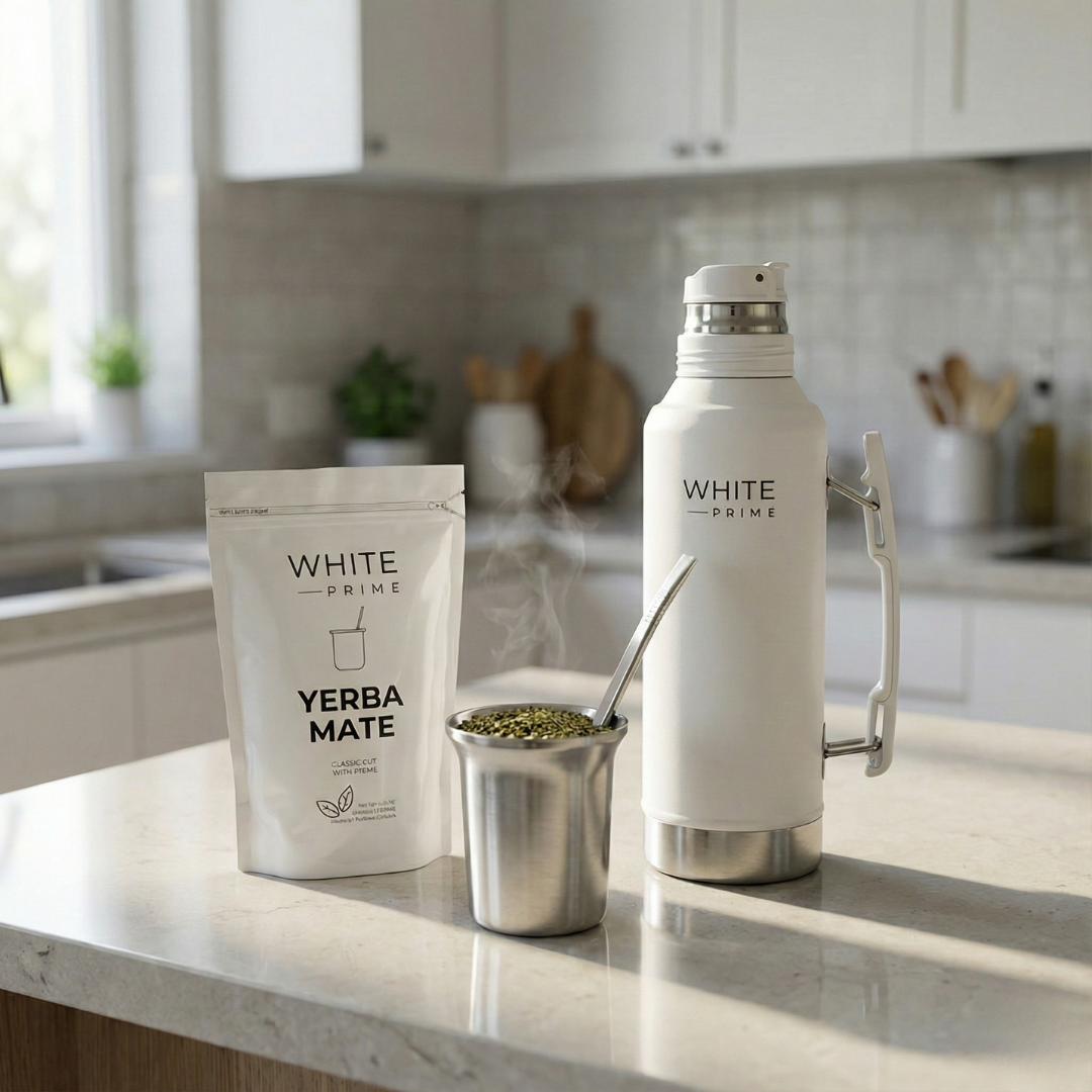 WHITE Prime yerba mate thermos and mate cup in a modern kitchen