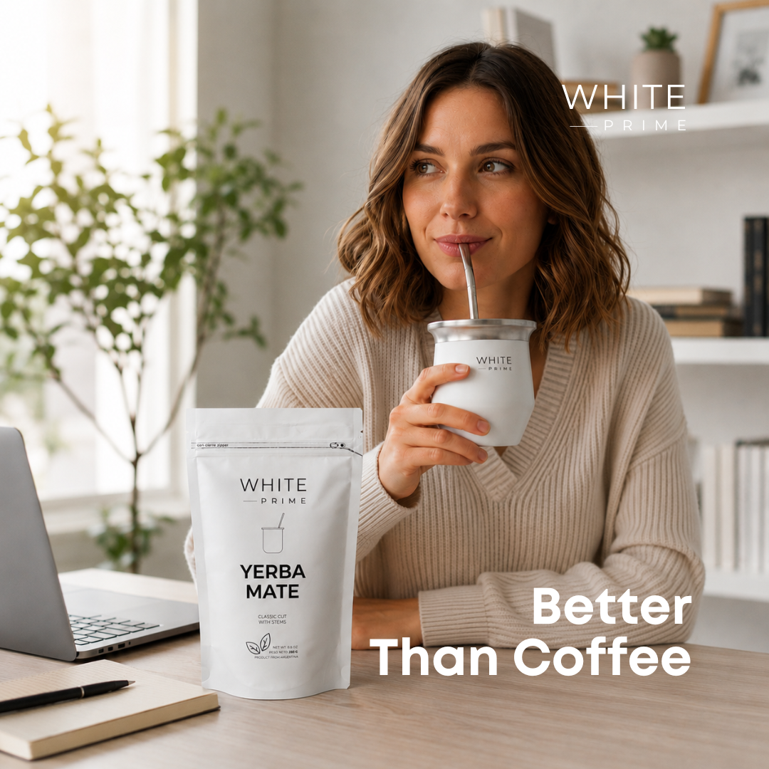 Woman preparing yerba mate with WHITE Prime thermos and stainless steel mate cup