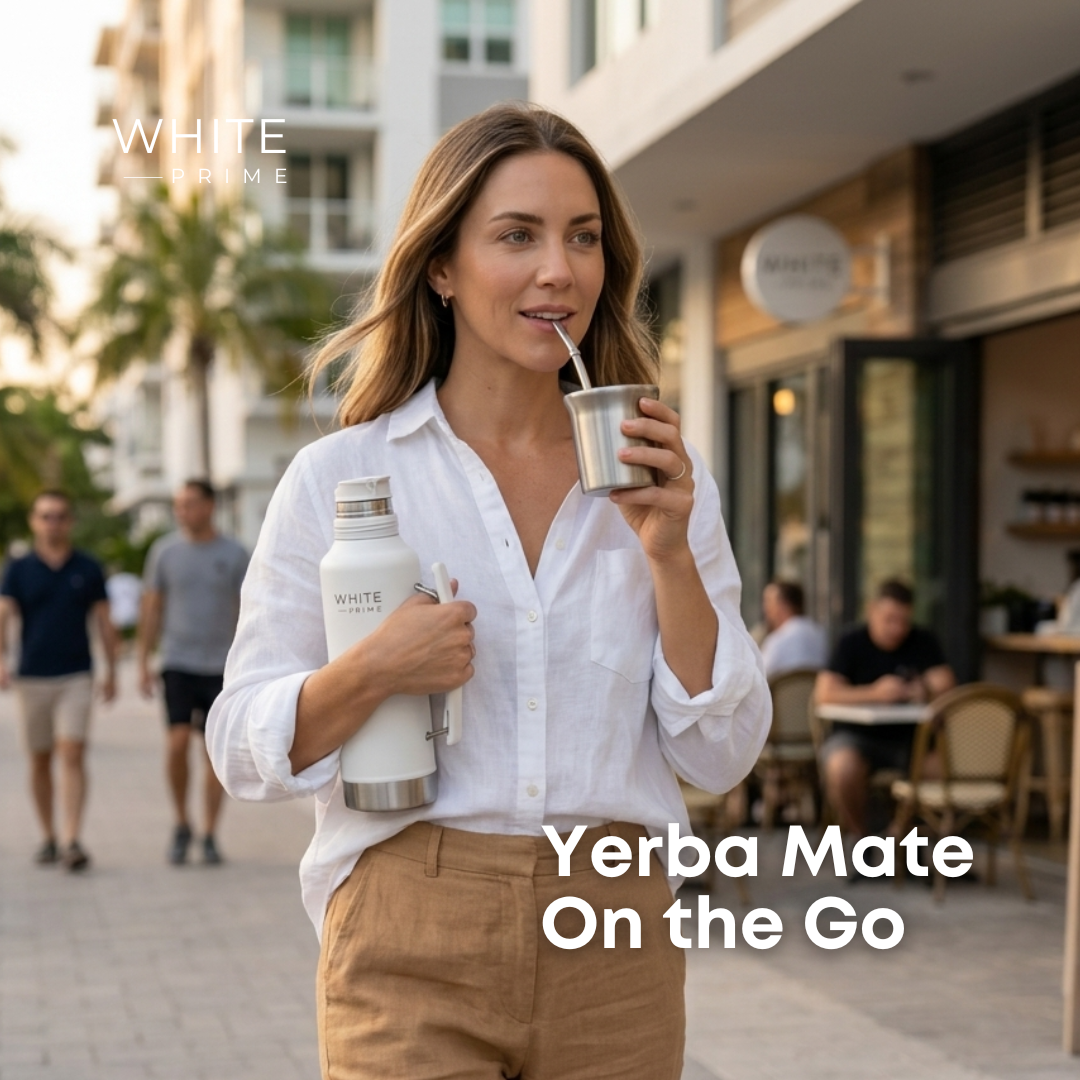 Woman drinking yerba mate outdoors using the WHITE Prime Mate Listo thermos