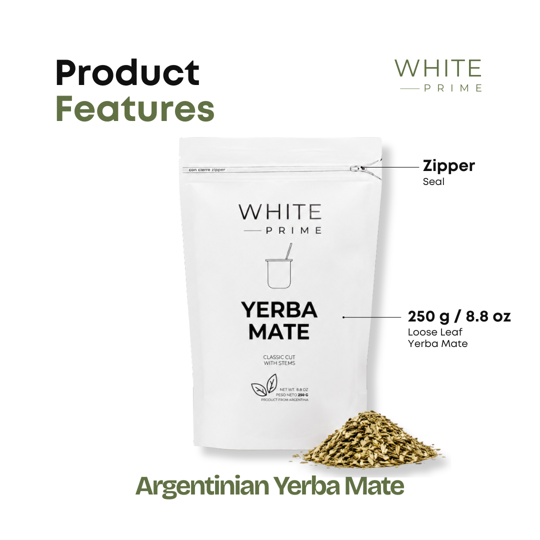 Infographic showing features of WHITE Prime traditional yerba mate