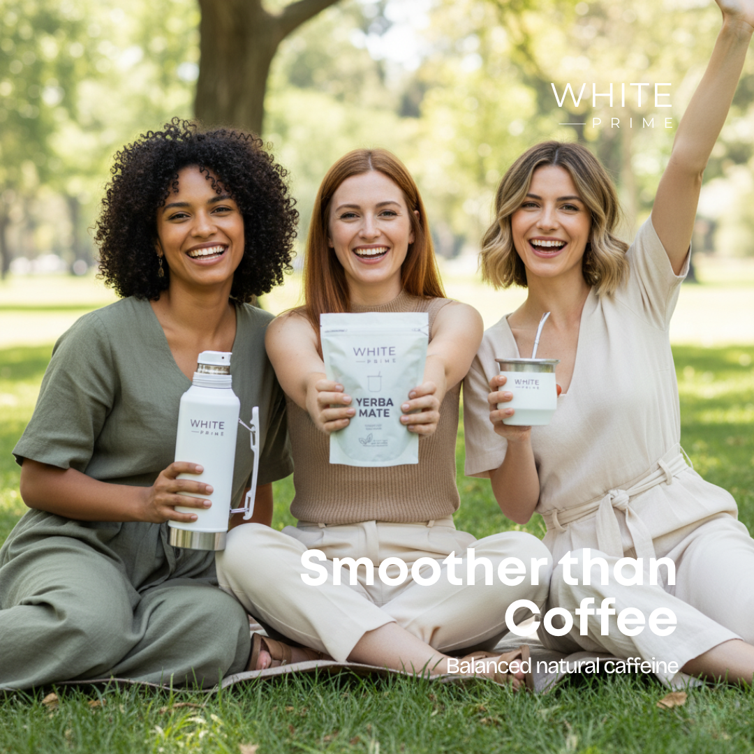 Group of people enjoying yerba mate with WHITE Prime products outdoors